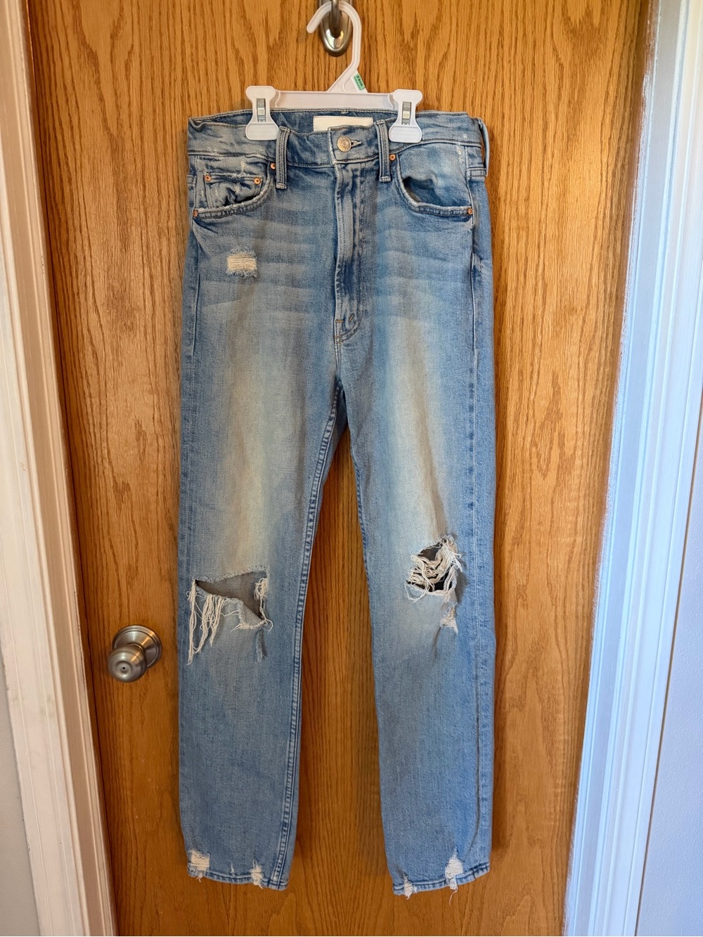 Mother High Waisted Rider Skimp Light Blue Distressed Jeans